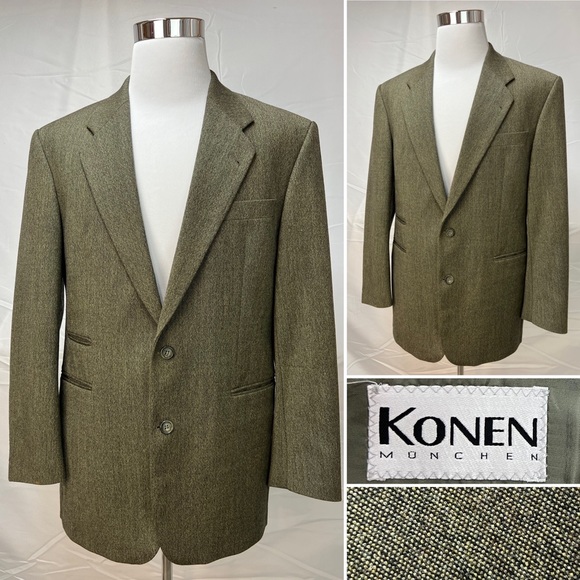 Men's Konen Munchen Olive Textured 2-Button 41R 100% Wool Brown Blazer Jacket - Picture 1 of 8